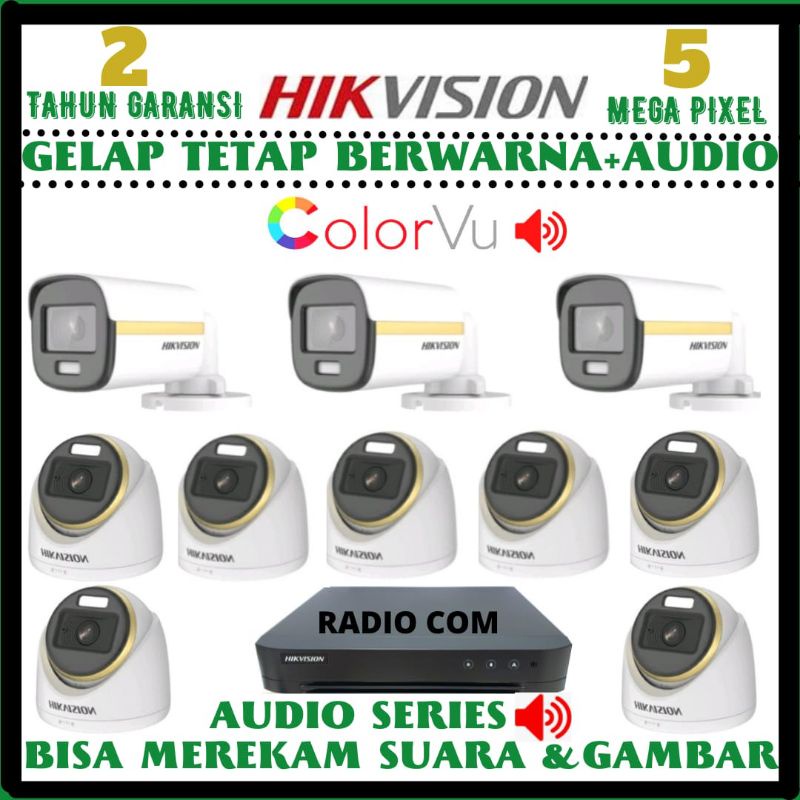 PAKET CCTV HIKVISION COLORVU 16 CHANNEL 10 KAMERA 5MP AUDIO SIANG MALAM BERWARNA+AUDIO