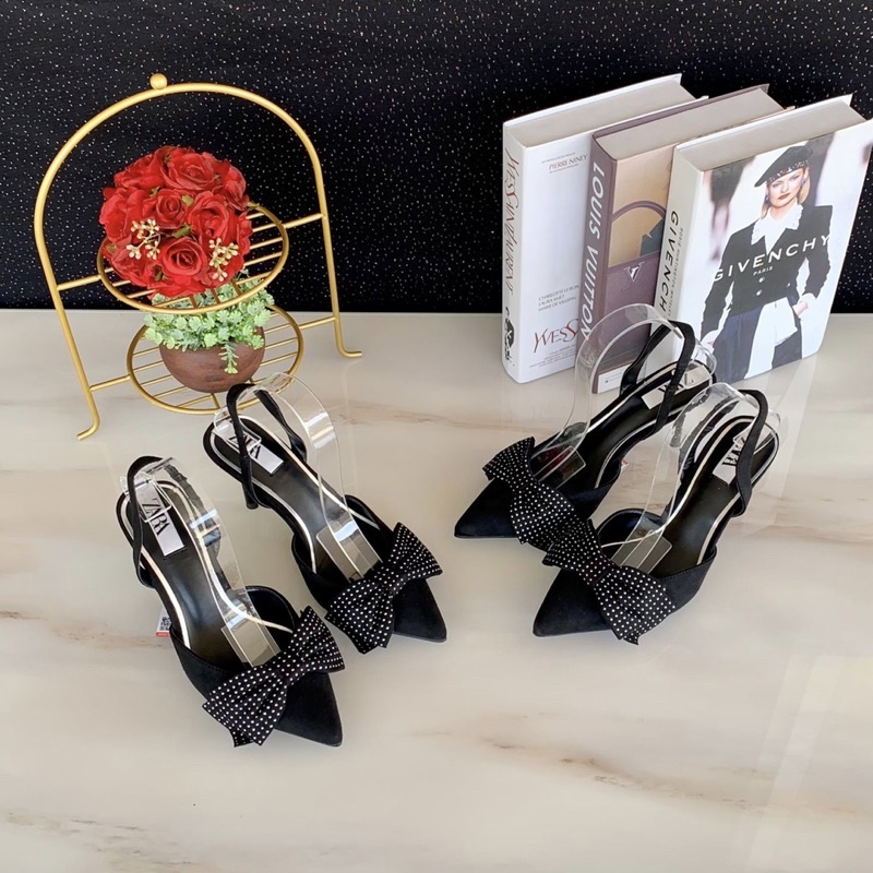 All Black Zara Kitten heels stripe back Import high quality fashion shoes sepatu pita wanita hak tin