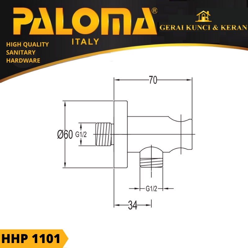 PALOMA HHP 1101 SHOWER OUTLE ELBOW WITH HAND SHOWER HOLDER BRASS CHROME