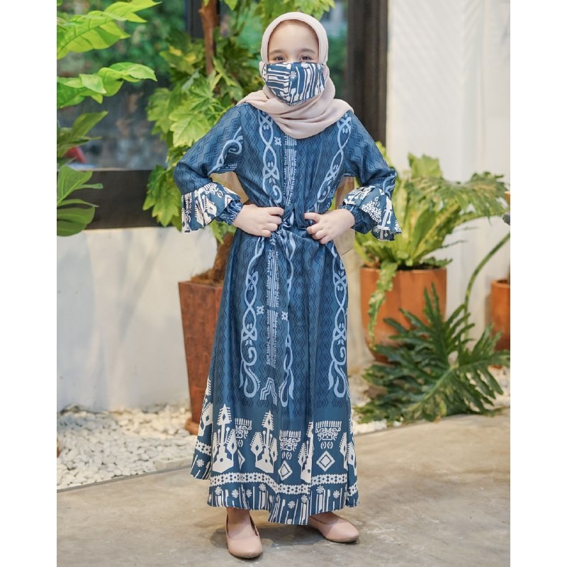 Gamis Wanita Kia Maxi Motif | Fashion Muslim Wanita | Dress Muslim Wanita Busui Friendly All Size-Navy (Anak)