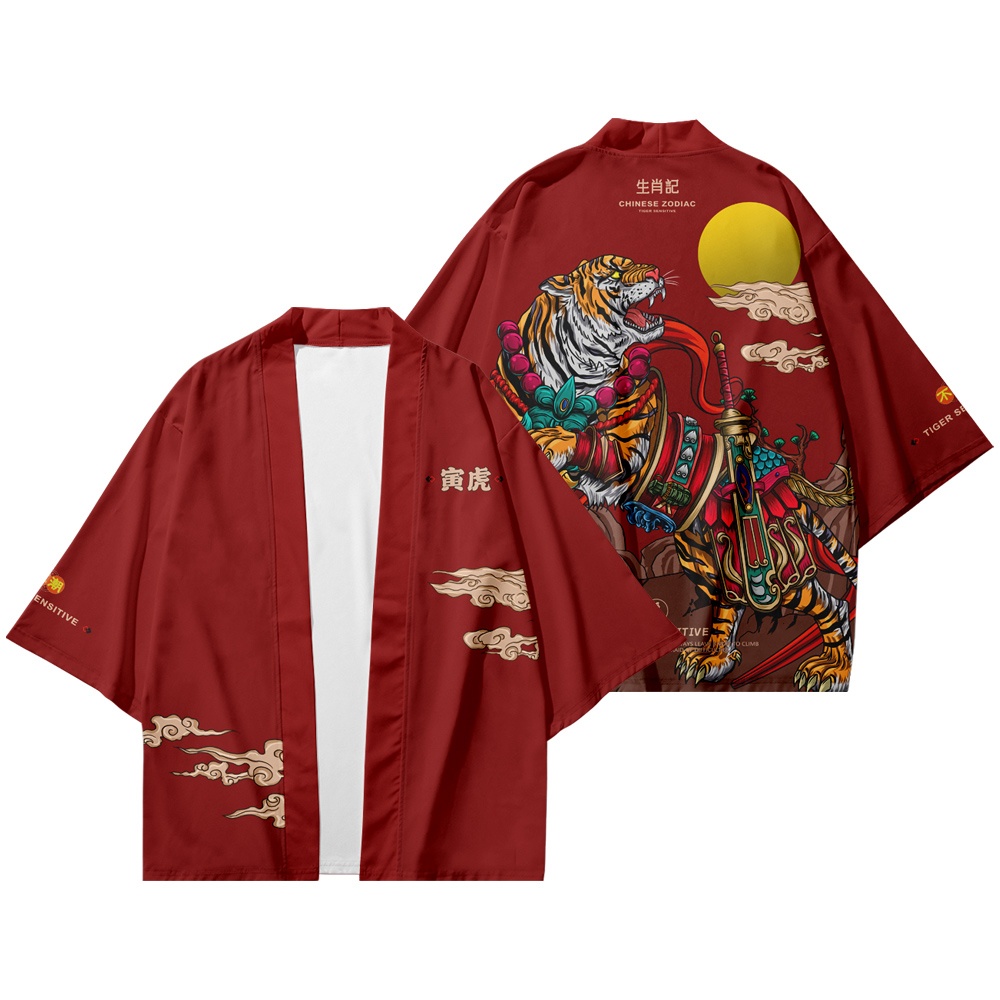 baju Red Tiger Print 2022 New Year Loose Oversize Women Men Harajuku Kimono Cosplay Haori Obi Cardig