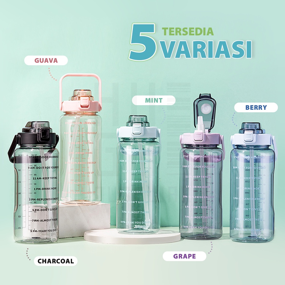 Botol Minum Motivasi 2 Liter Bening Jumbo Premium Quality Gratis Stiker HUGO