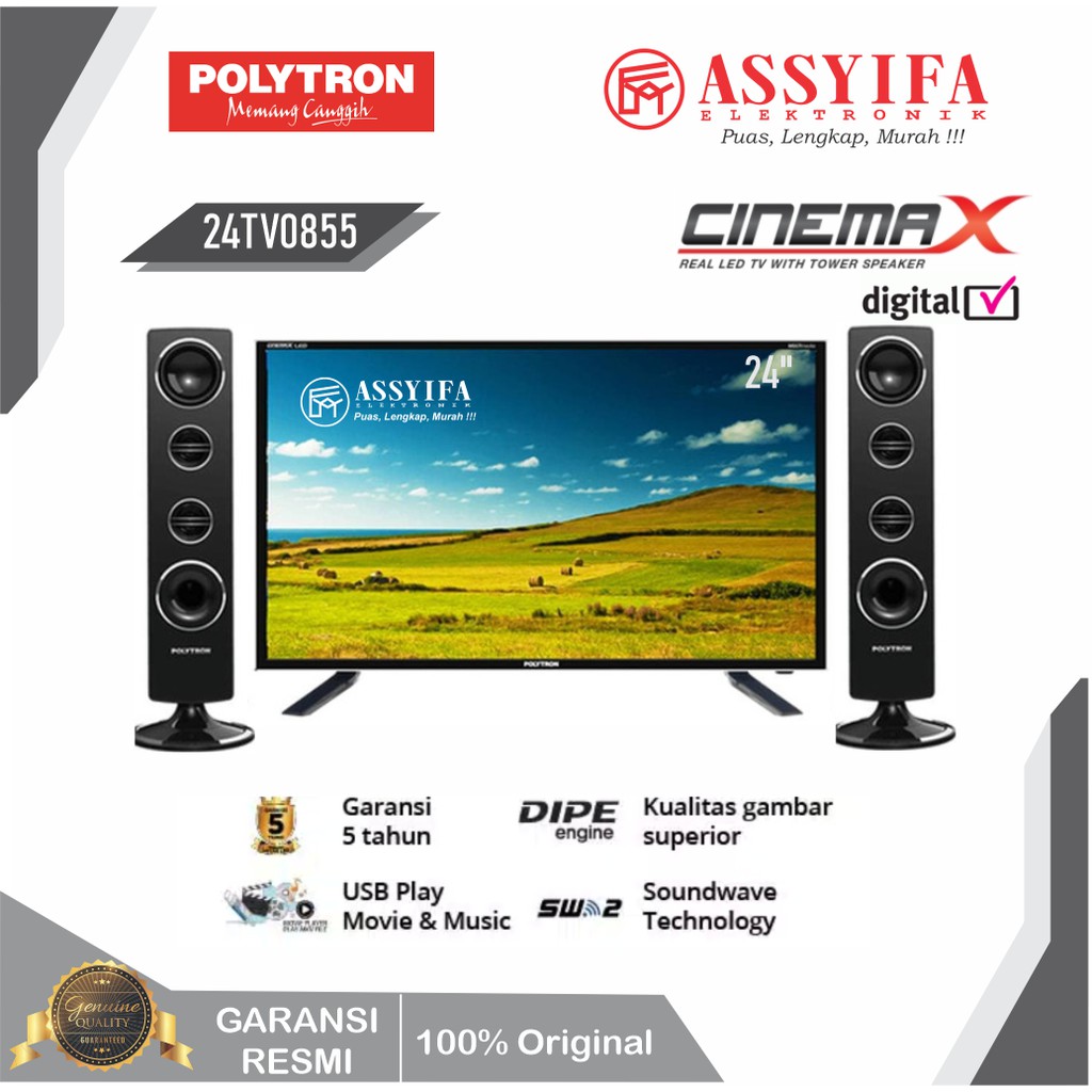 LED TV POLYTRON 24 INCH CINEMAX TOWER + SPEAKER TOWER + DIGITAL BARU GARANSI RESMI 100% ORIGINAL