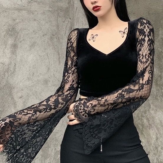 Sexy Lace Long Sleeve Vneck Velvet T-shirt 8469 (S/M/L)