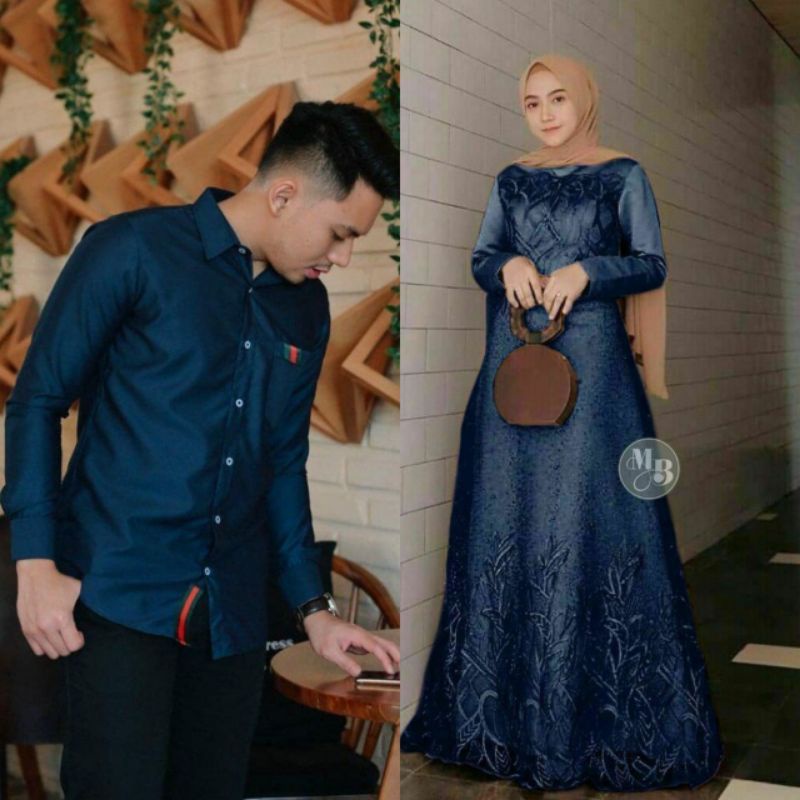 Couple Gamis Batik Velvet Set Syari Gamis Wanita Kemeja Pria Pakaian Pesta