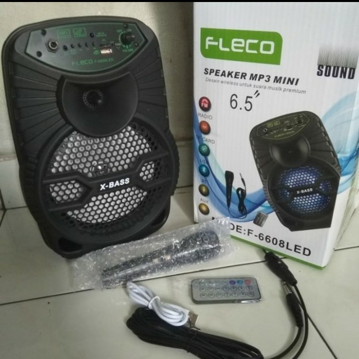 Speaker Karaoke Bluetooth Fleco F-6608Led Gratis Microphone Karaoke