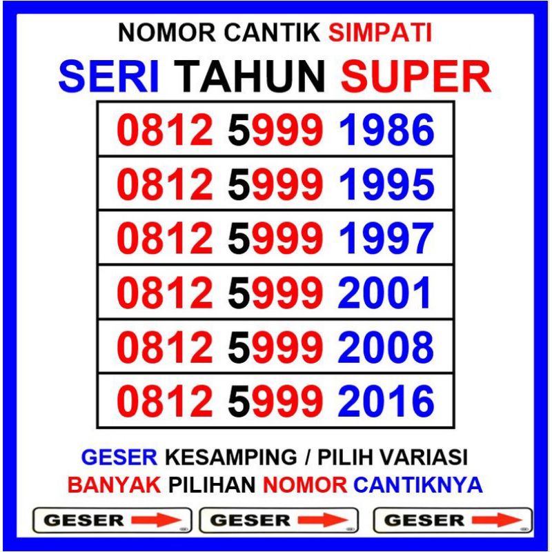 Nomer cantik Super - Nomor cantik Seri tahun lahir - nomor cantik Triple - Nomer cantik 999 - Nomor 