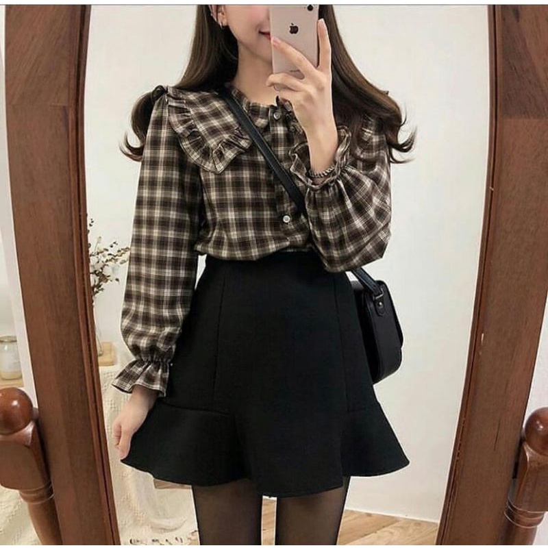 BLOUSE MIZU TARTAN / BLOUSE TARTAN KOREAN STYLE / BLOUSE KOTAK KOTAK KERAH REMPEL-1