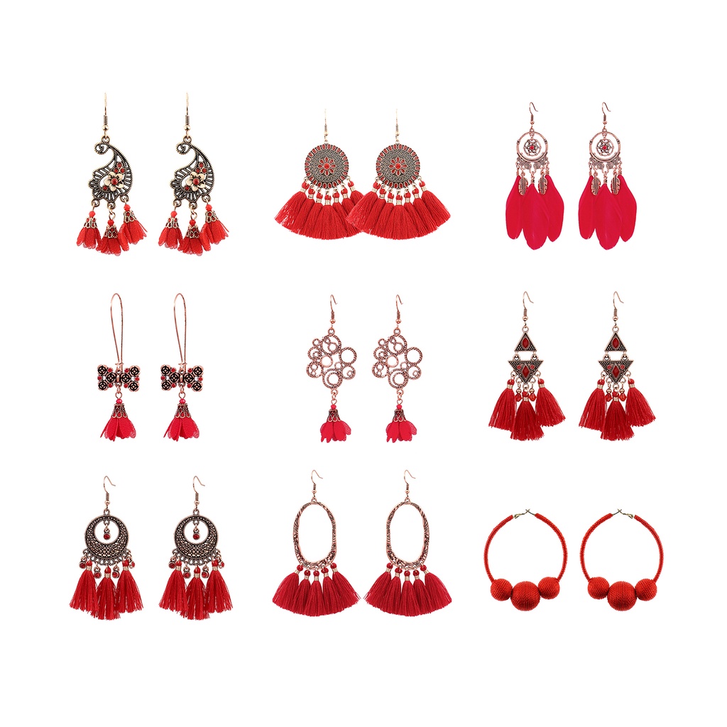 Hu Hu Hu Hu Hu Alat Bantu Pasang Kacamata♡ 1 Pasang Anting Rumbai Menjuntai Warna Merah Untuk Wanita