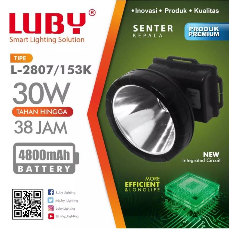 Headlamp Luby LED L2807 / 153k senter kepala 30 watt cahaya KUNING cas ulang