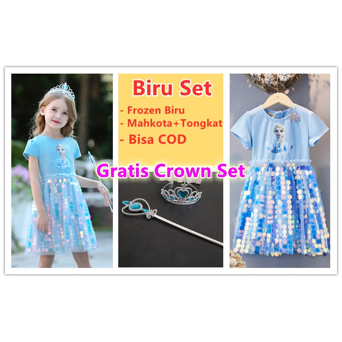 Baju Dress Anak Princess Motif Frozen Elsa Anna Sequin Sparkle Import