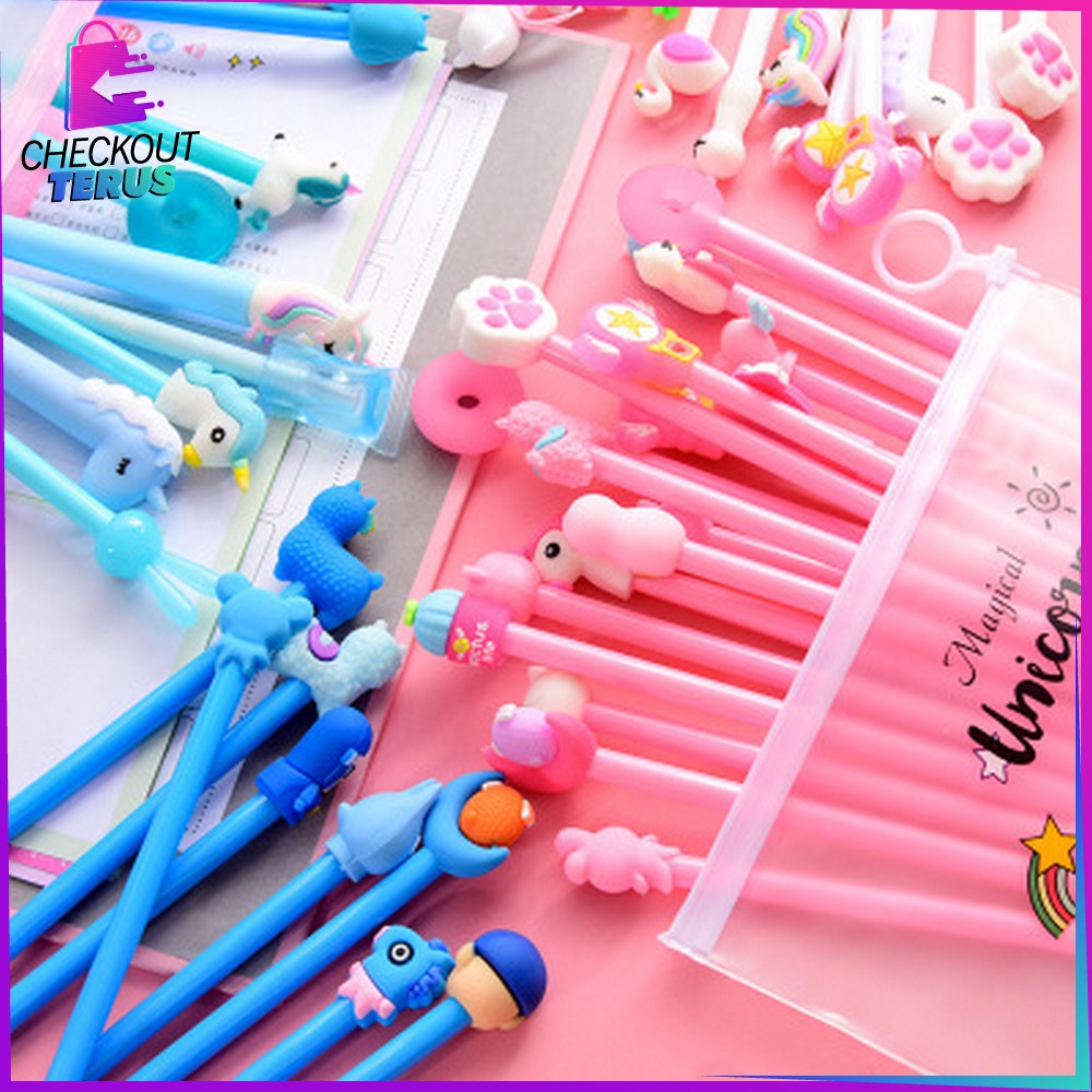 CT A15 Pulpen Gel Karakter Lucu Set Isi 20PCS Pulpen dengan Tempat Pensil Transparan Alat Tulis Stastionary Pena FREE Zipper Pouch