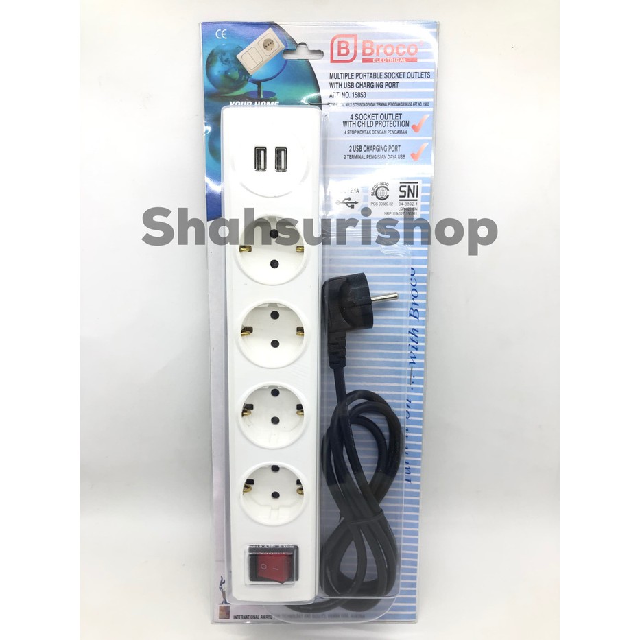 STOP KONTAK MULTI EXTENSION 4 LUBANG 1,5 M BROCO 15853 + 2 SLOT USB