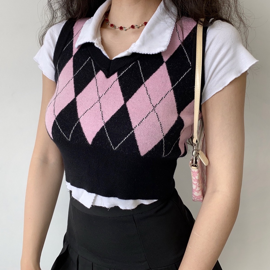 Preppy Style Knitted Plaid Crop Top Rompi Rajut Motif Kotak 2079