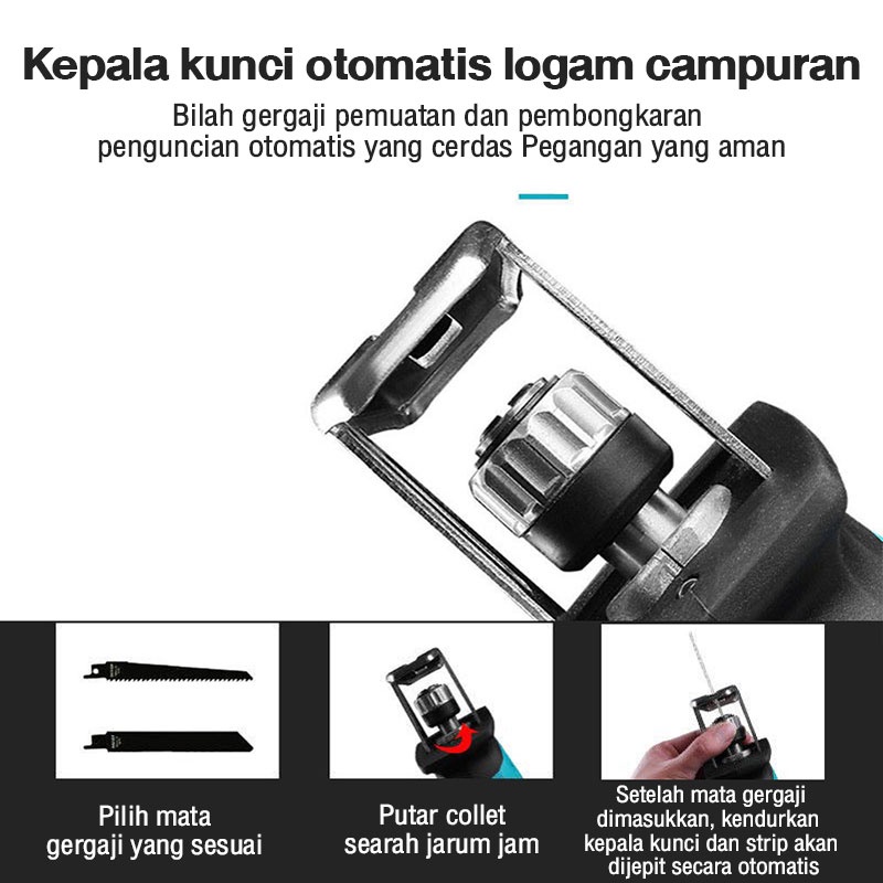 Reaim Mesin Reciprocating Saw Cordless Gergaji Kayu Besi Baterai Koper Alat  Pemotong Gergaji Kayu