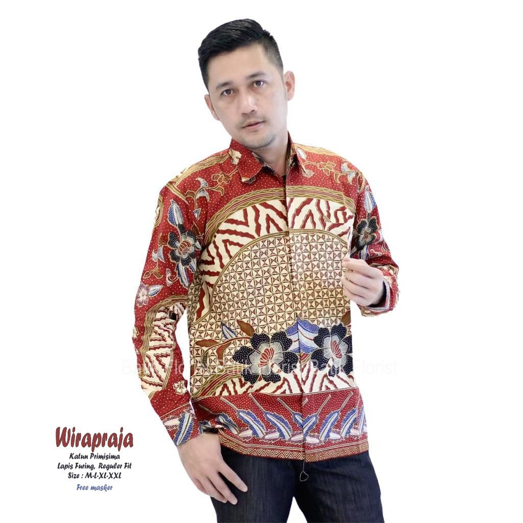 Kemeja Batik Pria Warna Merah Terbaru Baju Batik Lengan Panjang Lapis Furing Batik Kemeja WIRAPRAJA