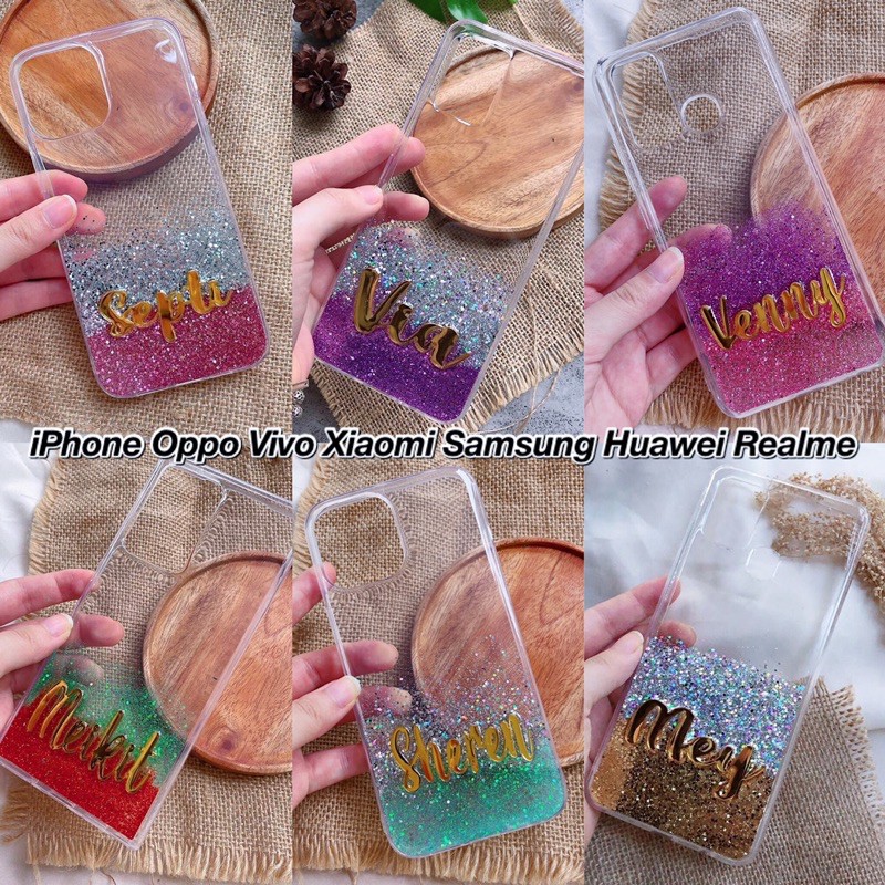 PREMIUM ALL PHONE TYPES!! Custom Case Nama with Gold Plate Name (BISA REQUEST WARNA GLITTER)