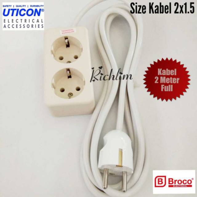 Stop Kontak/Terminal Kabel/Colokan Listrik 2 Lubang Uticon+Steker Arde Broco+Kabel 2 Meter