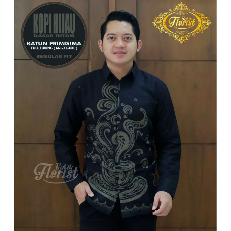 Kemeja Batik Pria Warna Hijau Batik Lengan Panjang Motif Kopi Hijau Baju Batik Pria KOPI HIJAU