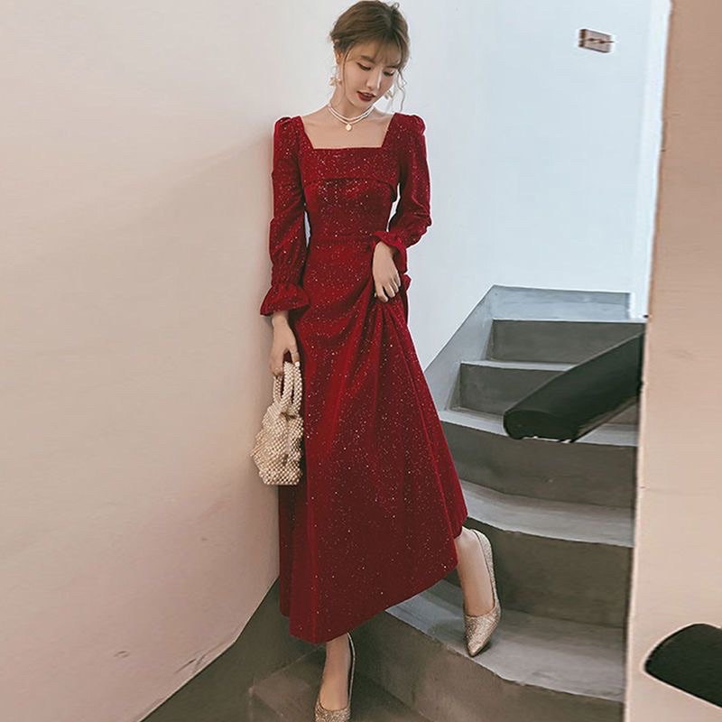 Long Dress Red Velvet Blink Square Neck M222