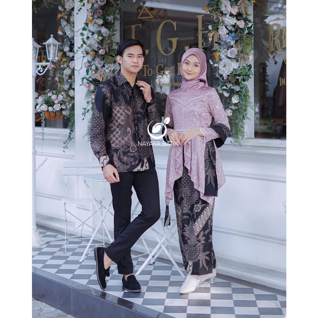 Pakaian Couple Batik Fara Brokat Tulle Mutiara - Kebaya Couple Kondangan Lamaran - Kebaya Tunangan - Kebaya Wisuda - Batik Couple Laffeya Tunik