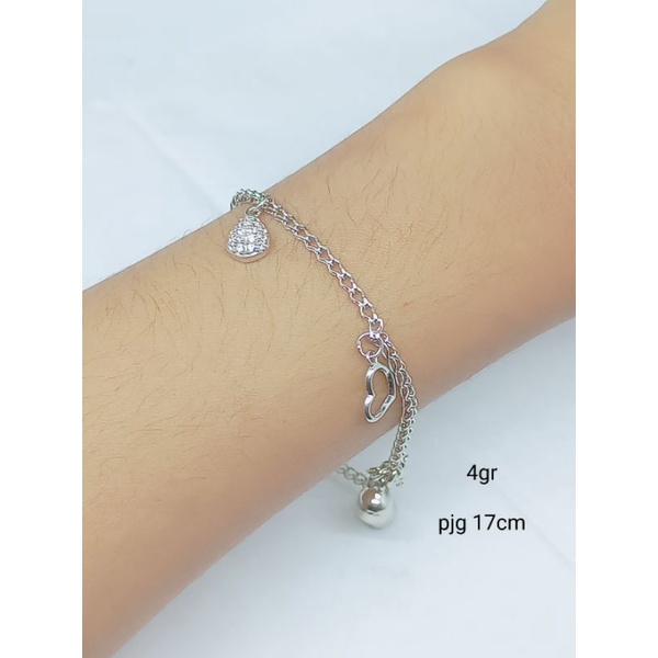 GELANG PERAK ASLI SILVER 925 LAPIS EMAS/GELANG TANGAN RANTAI+GANTUNGAN MAINAN LOVE+2BEL/ASLI SILVER/GELANG FASHION WANITA