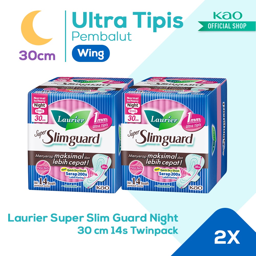 Laurier Super Slimguard Pembalut Wanita Night Slim Breathable 30cm Wing Menyerap Maksimal dan Lebih Cepat Isi 14 Buah Twin Pack