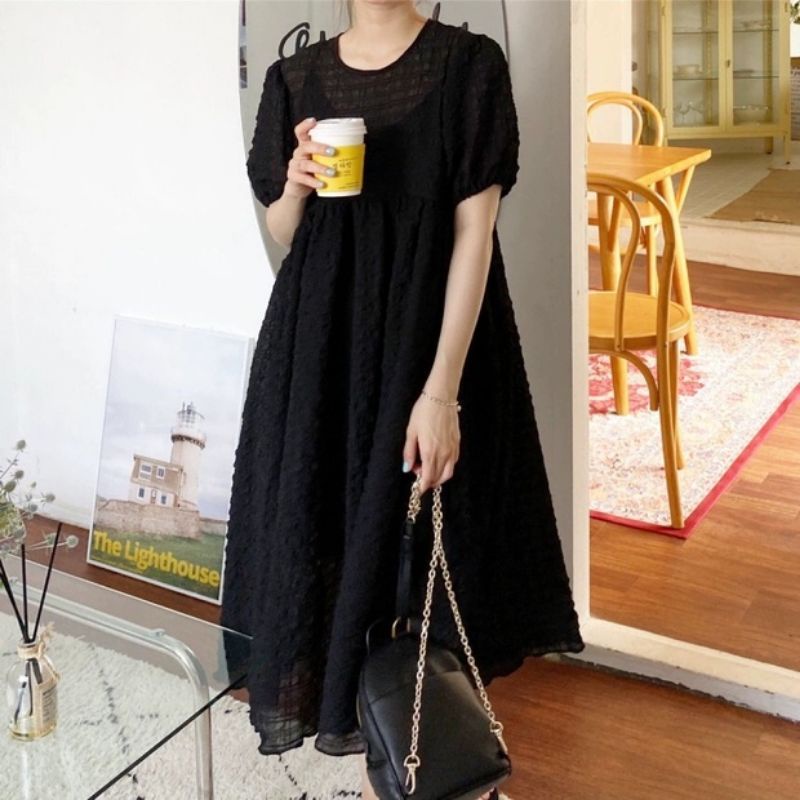 1984 Baju Dress Midi polos lengan pendek bahan adem bubble Texture parbric lembut import wanita baju