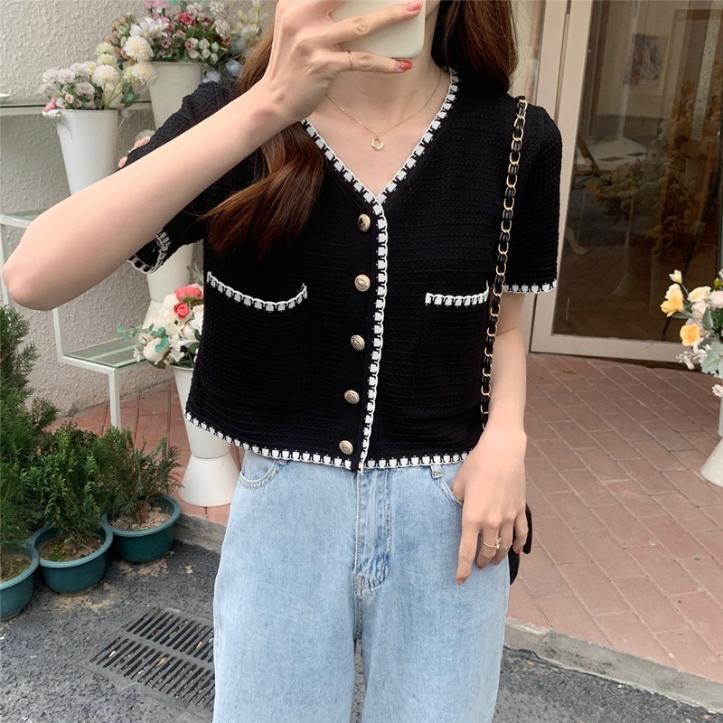 XIAOZHAINV  Cardigan Rajutan Wanita Korean Style V-neck Lengan Pendek