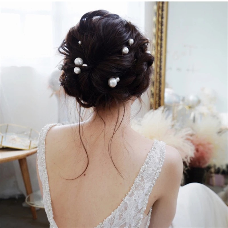 20Pcs/Bag U Shape Metal Pearl Flower Inlaid With Diamond Plate Hairpins Hair Accessories For Bridal Wedding