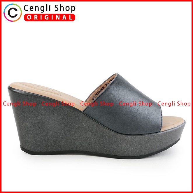 SANDAL WEDGES KULIT OBERMAIN WANITA ORIGINAL ASLI TERBARU HITAM OW24