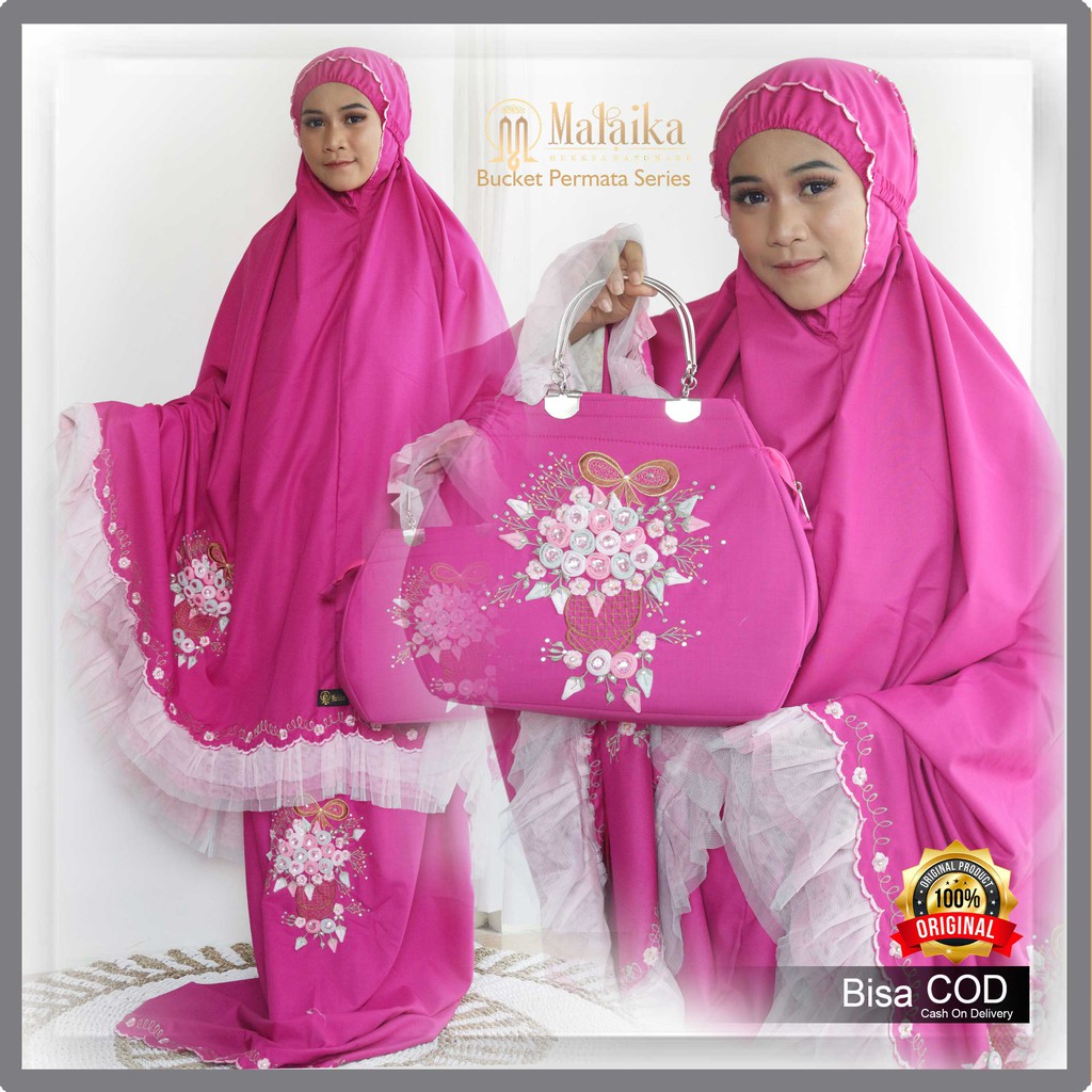 Mukena Kekinian Sutra Bordir Handmade Bunga Timbul Bucket Series Malaika