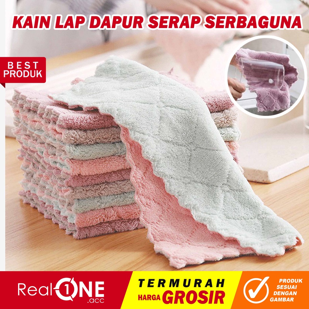 Kain lap dapur serap air anti minyak serbaguna Cleaning Cloth microfiber kitchen towel lap tangan pembersih meja piring gelas perabotan dll - realoneacc