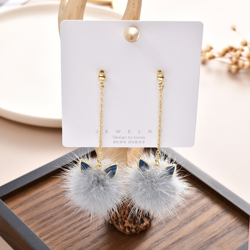 anting panjang anting bola rambut telinga kucing Korea Fashion Aksesoris