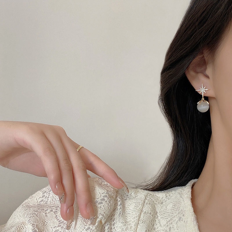 Anting S925 Silver Needle Bentuk Bintang Opal Gaya Korea Untuk Wanita