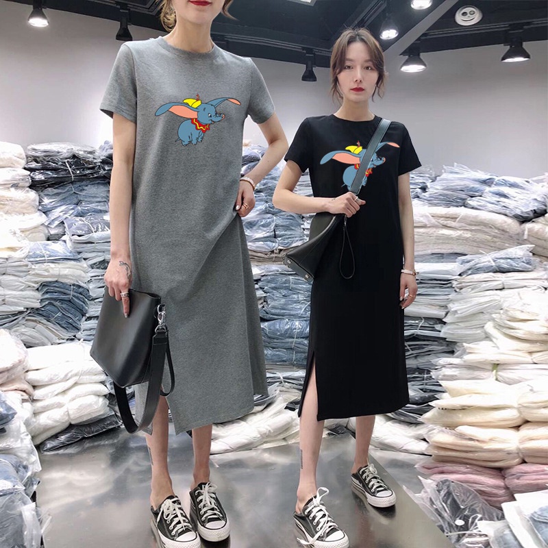 #Sisjuly# Wanita Lengan Pendek Gaun Kasual Kebesaran Penutup Perut Longgar Panjang Overknee DasarTT-shirt Rok