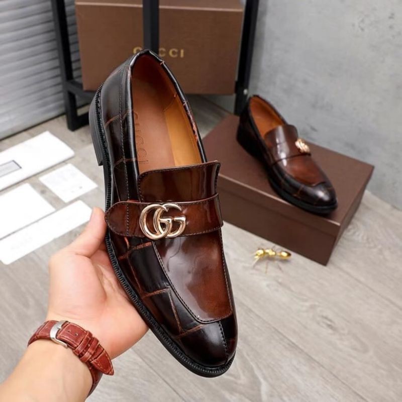 sepatu gucci pantofel mirror quality formal kantor resmi shoes leather brown coklat croco pria