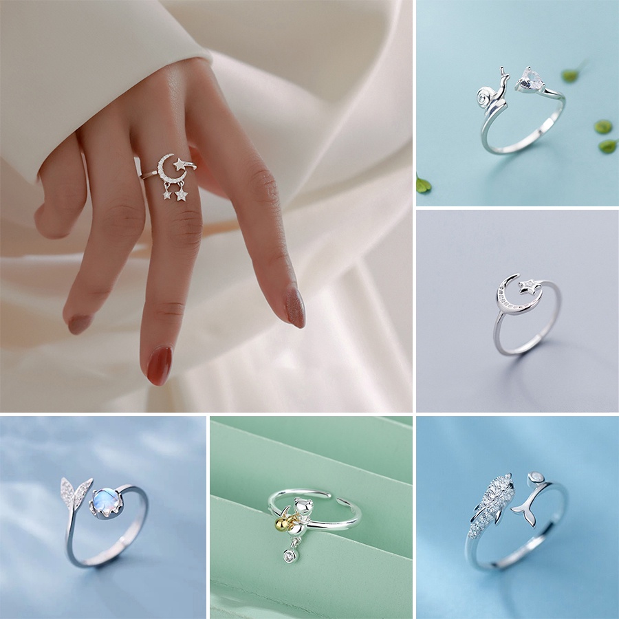 Cincin Model Terbuka Bahan 925 silver Bentuk Kucing Dan Bulan Aksen zircon Dua Warna Untuk Wanita