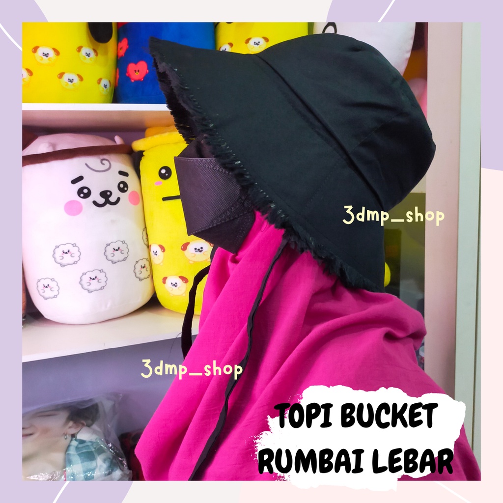 Topi Bucket Rumbai Hitam putih navy army lebar