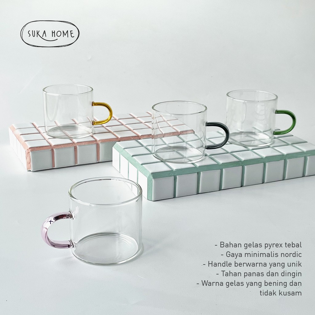 Gelas Teh Espresso Mini Tahan Panas dan Dingin |  Gelas Shot Espresso | Mug Glass Handle Gaya Nordic | Gelas Aesthetic Suka Home