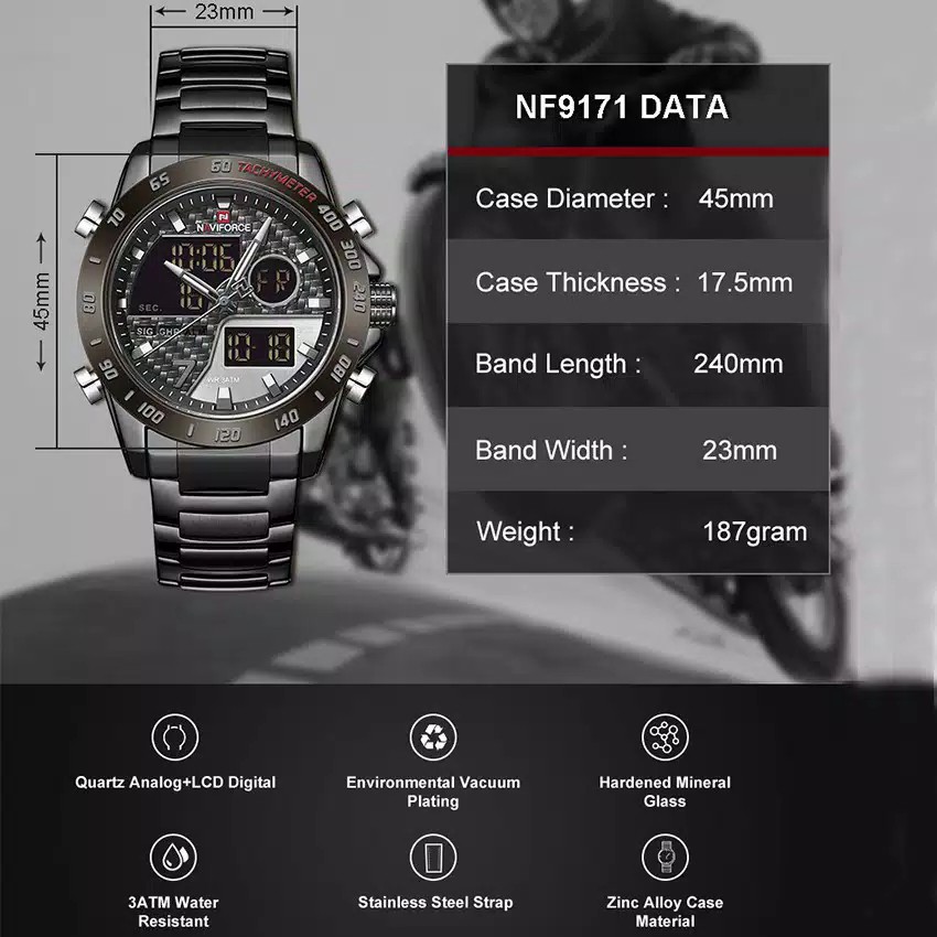 Naviforce 9171 - Jam Tangan Fashion Pria Murah - Stainless Steel - Dual Time - Anti Air - Original
