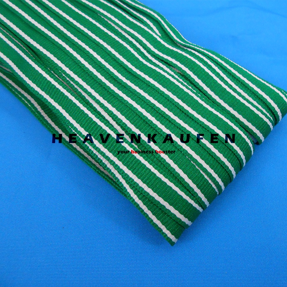 Webbing Strip Halus Lebar 1 cm Warna Hijau Strip Putih Harga Per Rol isi 18 Meter