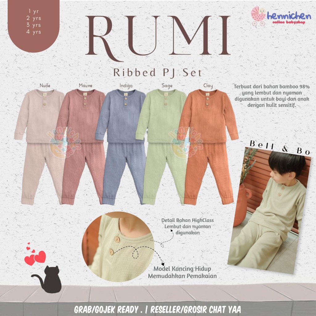 BELL AND BO RIBBED PAJAMA SET RUMI PIYAMA PANJANG ANAK BAJU ANAK PANJANG 1 - 4 TAHUN