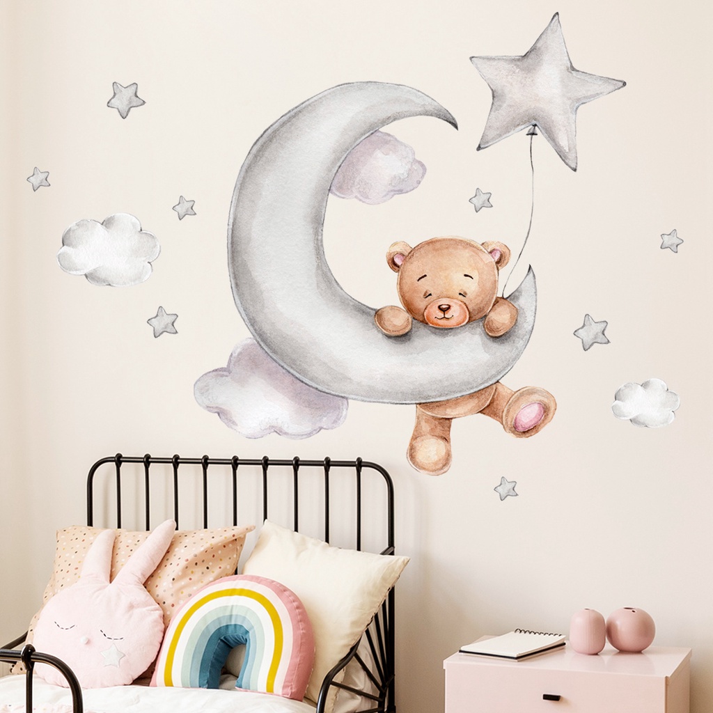 [ Creative Cartoon bear moon clouds stars wall stickers decoration for Home Living Room Children's Room Background ]