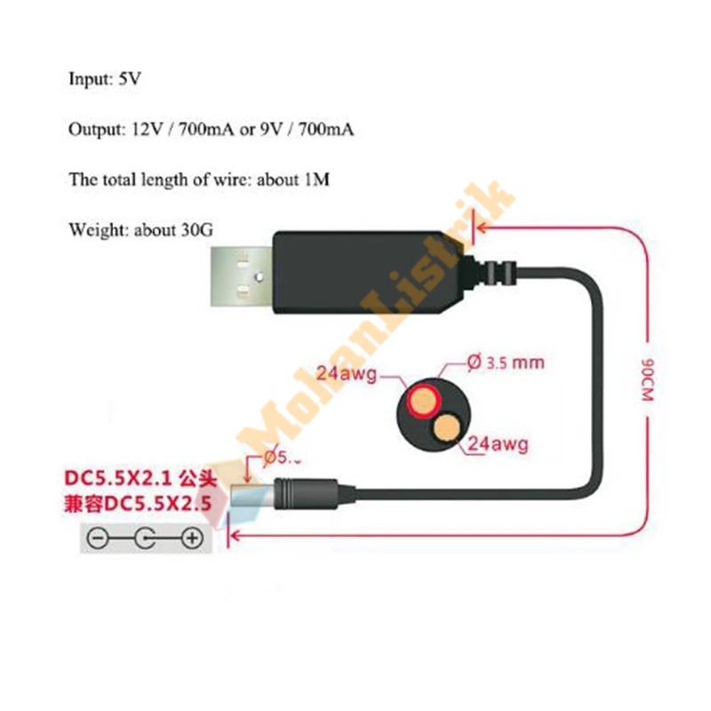 Kabel Step Up USB DC 5v to 12v Power Supply Charger Converter Adapter USB Ke Jack 5.5mm