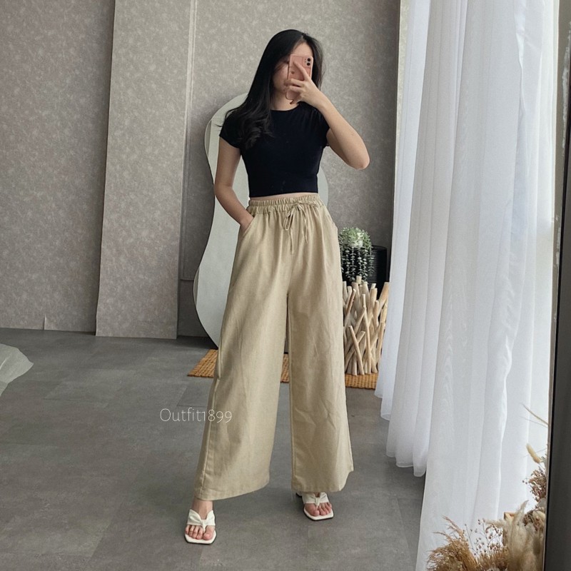 Celana Kulot Linen Highwaist Pinggang Karet Wide Leg Cullote 552