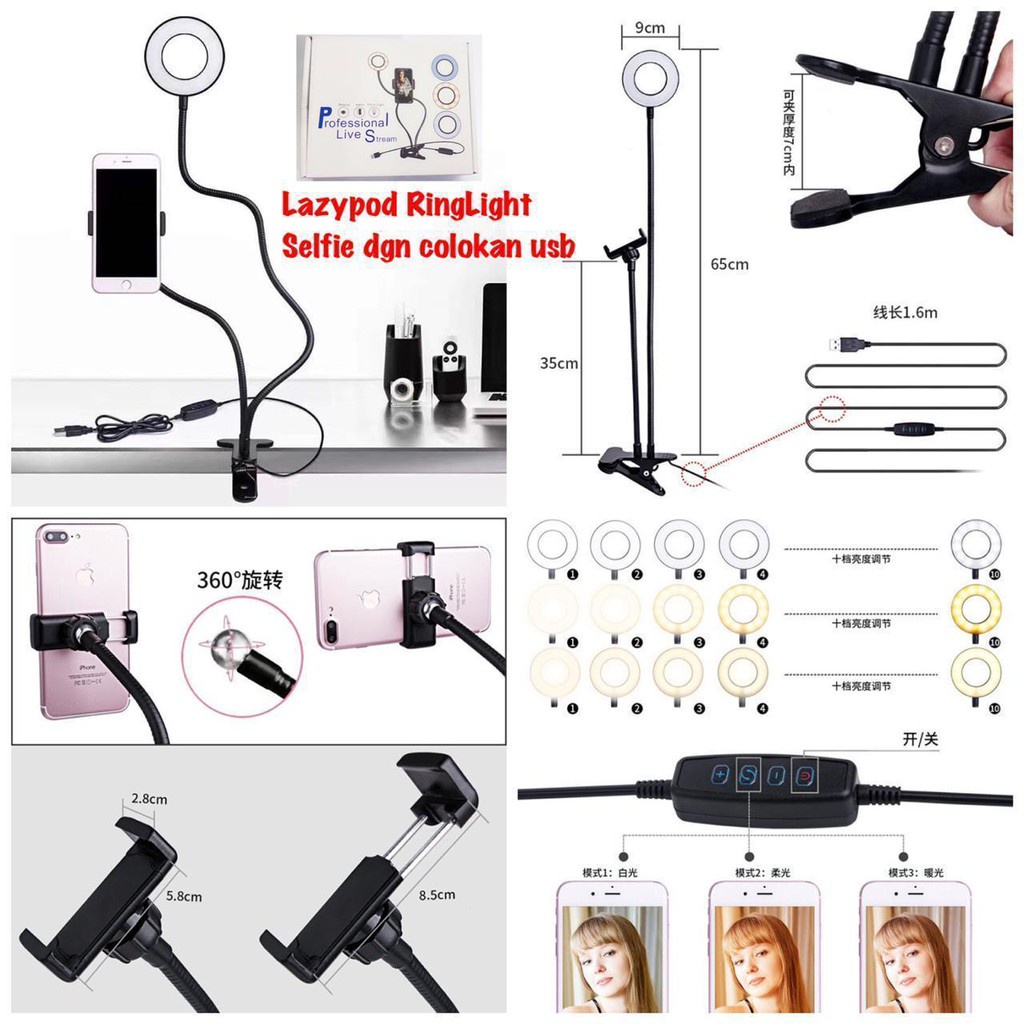 lazypod ringlight fleksibel 2in1 360 derajat holder lampu vlogging makeup selfie ring light LED 3 mode