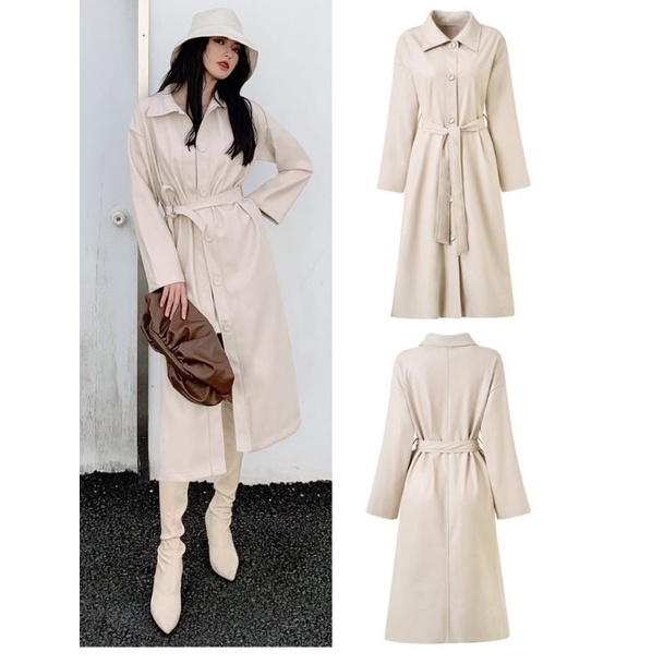 long coat kulit PU/jaket jubah wanita panjang putih