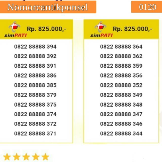 Nomor cantik simpati 0822 seri panca 88888 rapi #0120