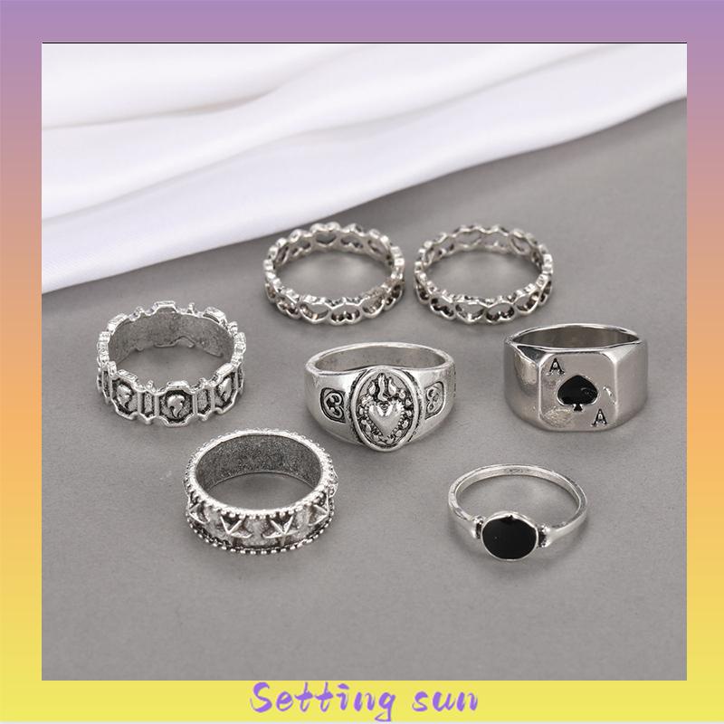 COD✨7 Pcs Cincin Jari Bentuk Hati Tidak Teratur Warna-Warni Gaya Punk Retro Untuk Pria TN